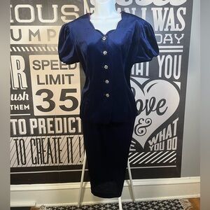 Vintage Miss Dorby Navy Velvet 2-piece Skirt Set with Puff Sleeves